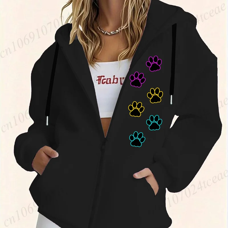 سترة رياضية عصرية غير رسمية بسحاب هيب هوب باللون الأسود سترة نسائية بغطاء للرأس مطبوعة على شكل قطة ومخلب ملابس نسائية هاراجوكو ملابس الشارع