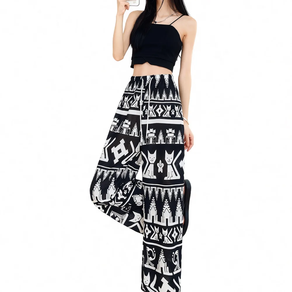 Womens Wide Leg Pants High Elastic Casual Trousers Streetwear Hip Hop Style Loose Fit Drape Summer Lightweight Straight Leg