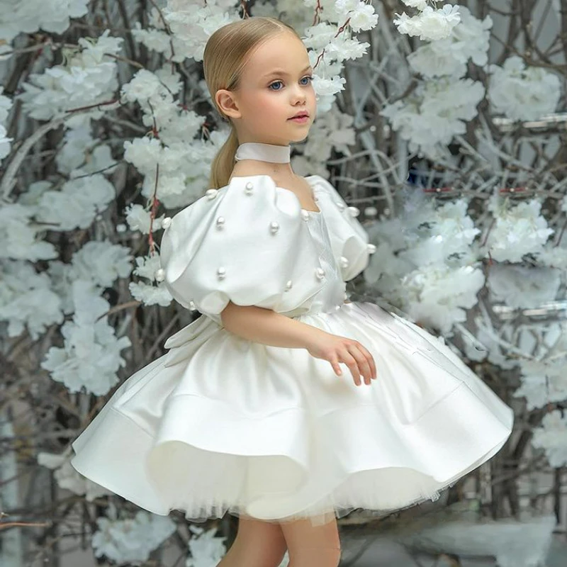 

Elegant Girl Fluffy Dress Flower Baby Wedding Ceremony Costume Birthday Outfits White 1st Communion Tutu Gown Kids Gala Clothes