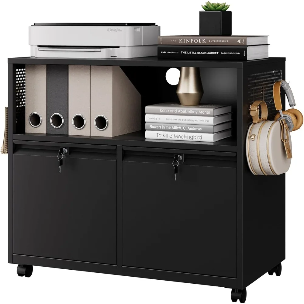 

Mobile 2 Drawer File Cabinet with Lock, Metal Lateral Printer Stand Filing Storage Cabinets with Shelves, Space-Saving Organizer