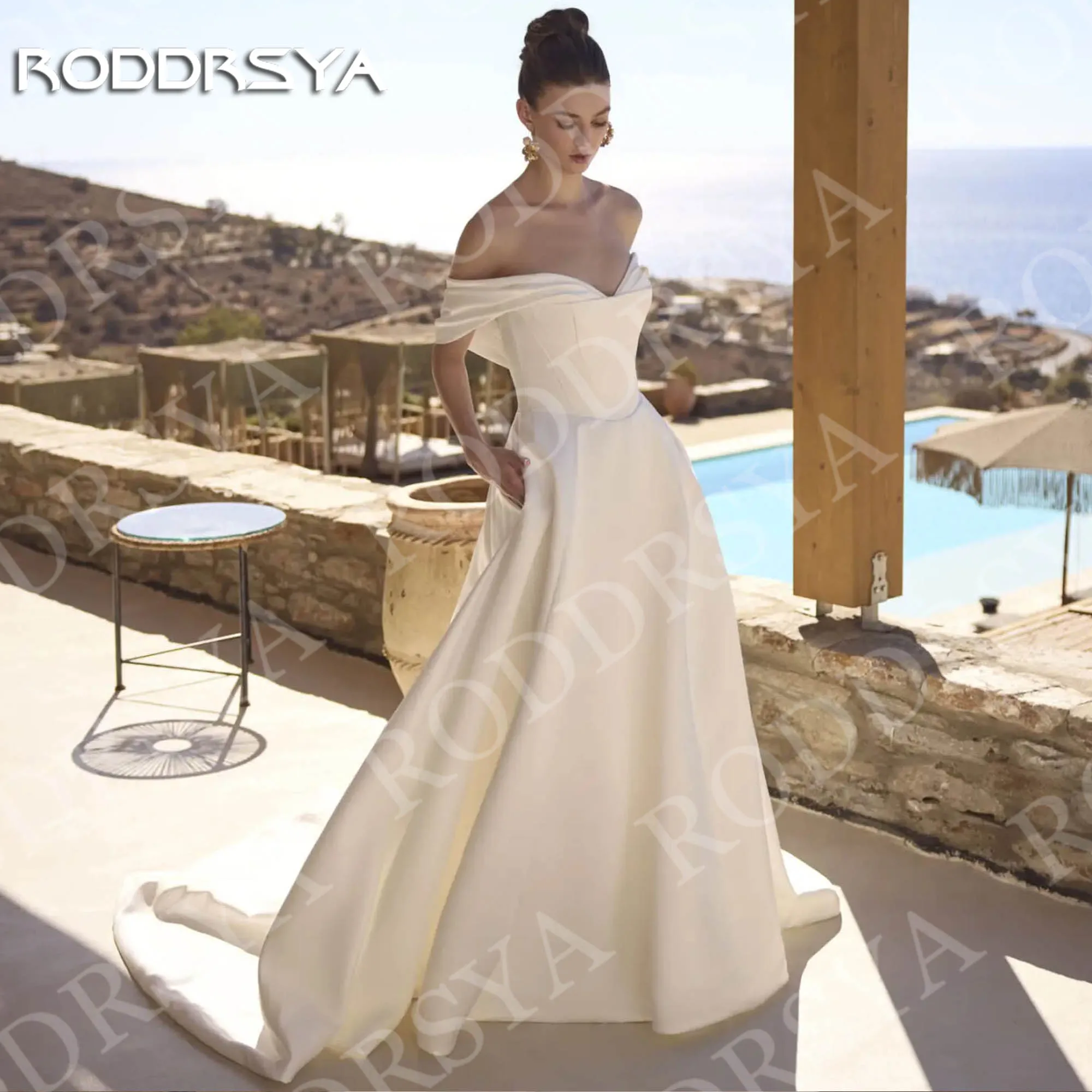 فستان زفاف RODDRSYA للشاطئ مفتوح الظهر من الساتان بسيط بدون أكتاف على شكل حرف A فساتين زفاف برقبة على شكل قلب مخصصة مع جيوب شاطئ مفتوح ظهر فستان الزفاف الساتين بسيطة قبالة الكتف خط فساتين العروس حبيبي الرقبة مخصصة مع ج