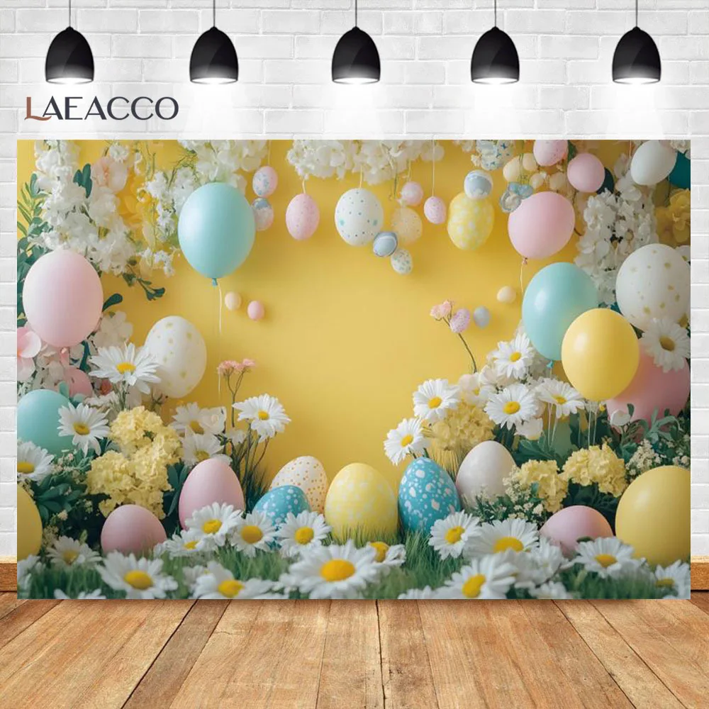 Happy Easter Eggs Backdrop Photography Baby Boy Girl 1st Birthday Spring Yellow Flower Wall Balloon Daisy Party Decor Background