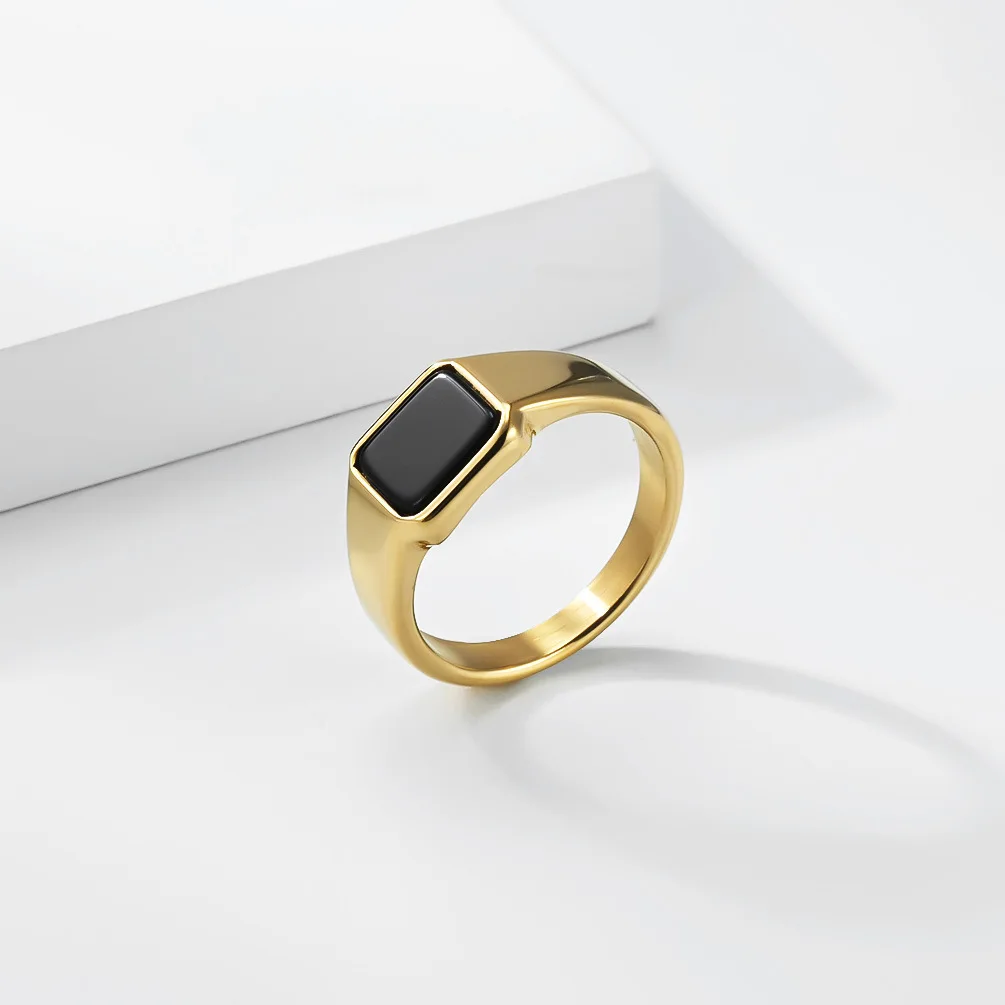 Luxuriöser geometrischer Ring mit schwarzem Edelstein im minimalistischen Stil aus Titanstahl für Damen, trendiger Schmuck, Weihnachtsgeschenk – Detail 8