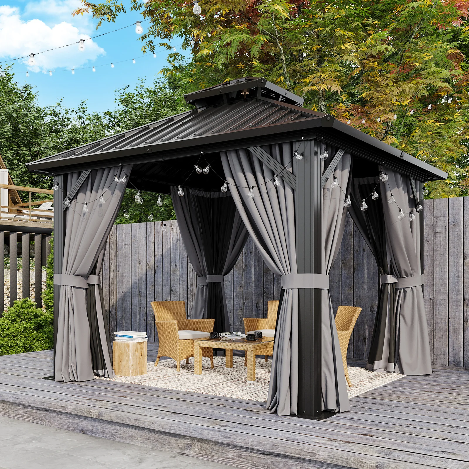 10'x10' Hardtop Gazebo Galvanized Steel Top, Permanent Aluminum Frame with Privacy Curtains & Mosquito Netting for Decks & Lawns