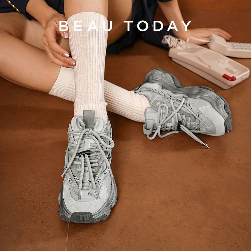 BEAUTODAY Chunky Sneakers Women Suede Leather Round Toe Mixed Color Unique Shoelace Decoration Ladies Shoes Handmade 29A08