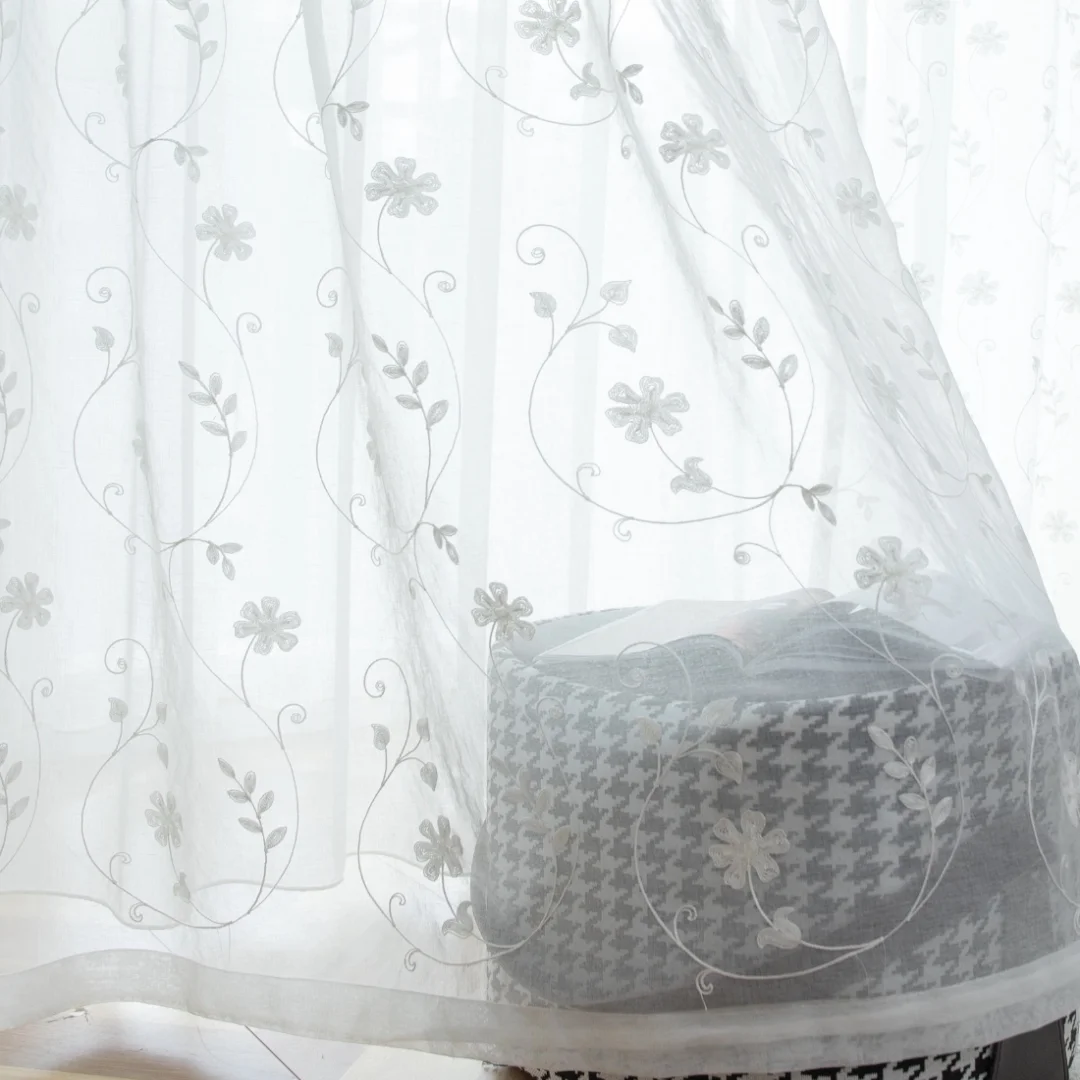 1pc French Vine Small Flower Embroidered Sheer Curtain, Light-Transmitting Privacy, Customizable Drapes for Living Room Bedroom