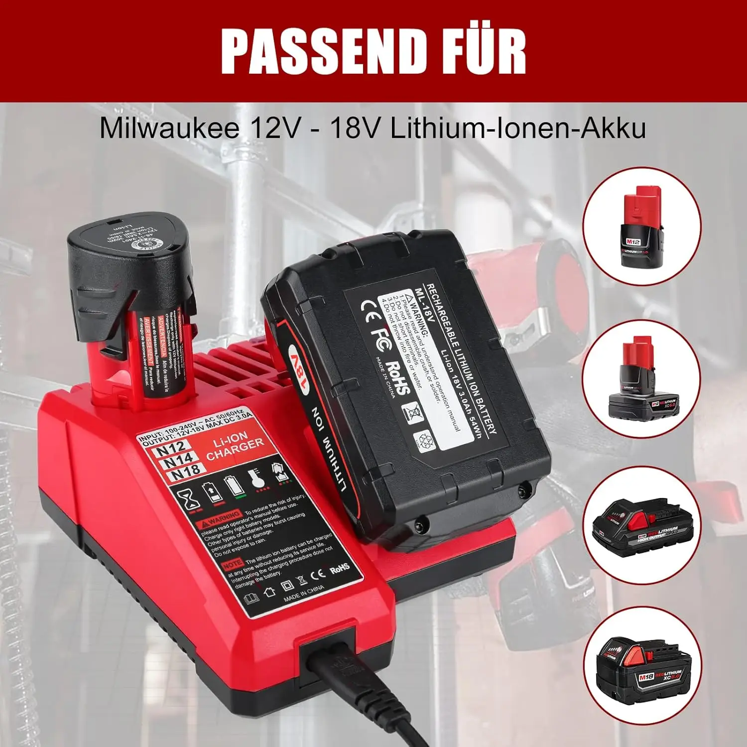 Sostituisce il caricabatteria Milwaukee M12 M18 3A per 48-11-1815 48-11-1828 48-11-2401 48-11-2402 Spina UE 110-240 V Alta qualità