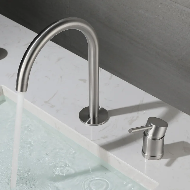 Deck Mounted Double Hole Basin Sink Faucets 1 Handle Hot and Cold Mixer Tap Stainless Steel Bathroom Vanity Sink Faucets