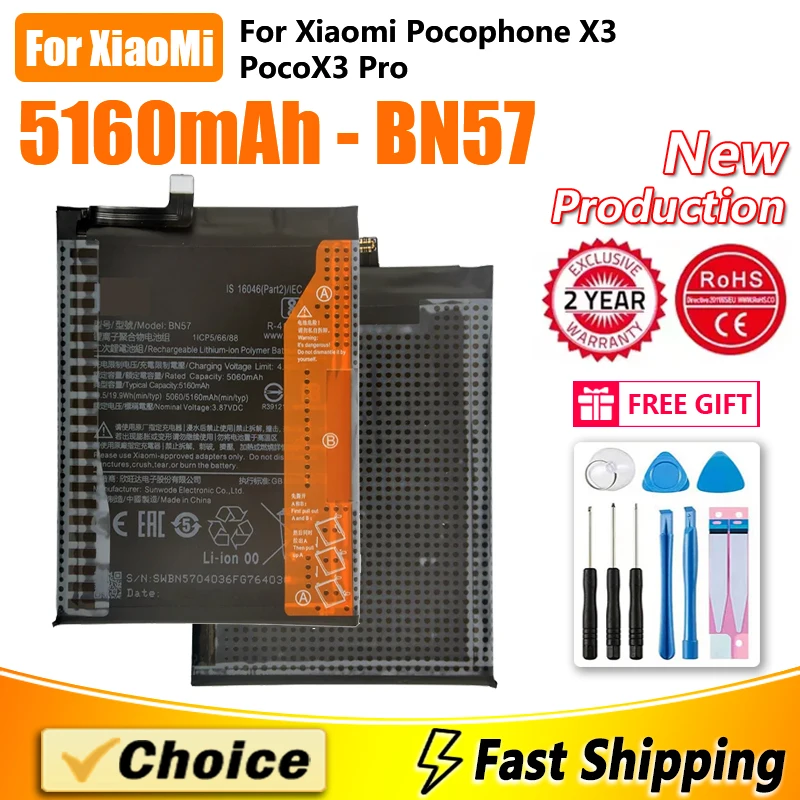 1Pc 5060mAh Original Battery For Xiaomi Pocophone X3 Poco /X3 Pro,BN57 Brand New Phone Replacement Lithium Batteries+Tools