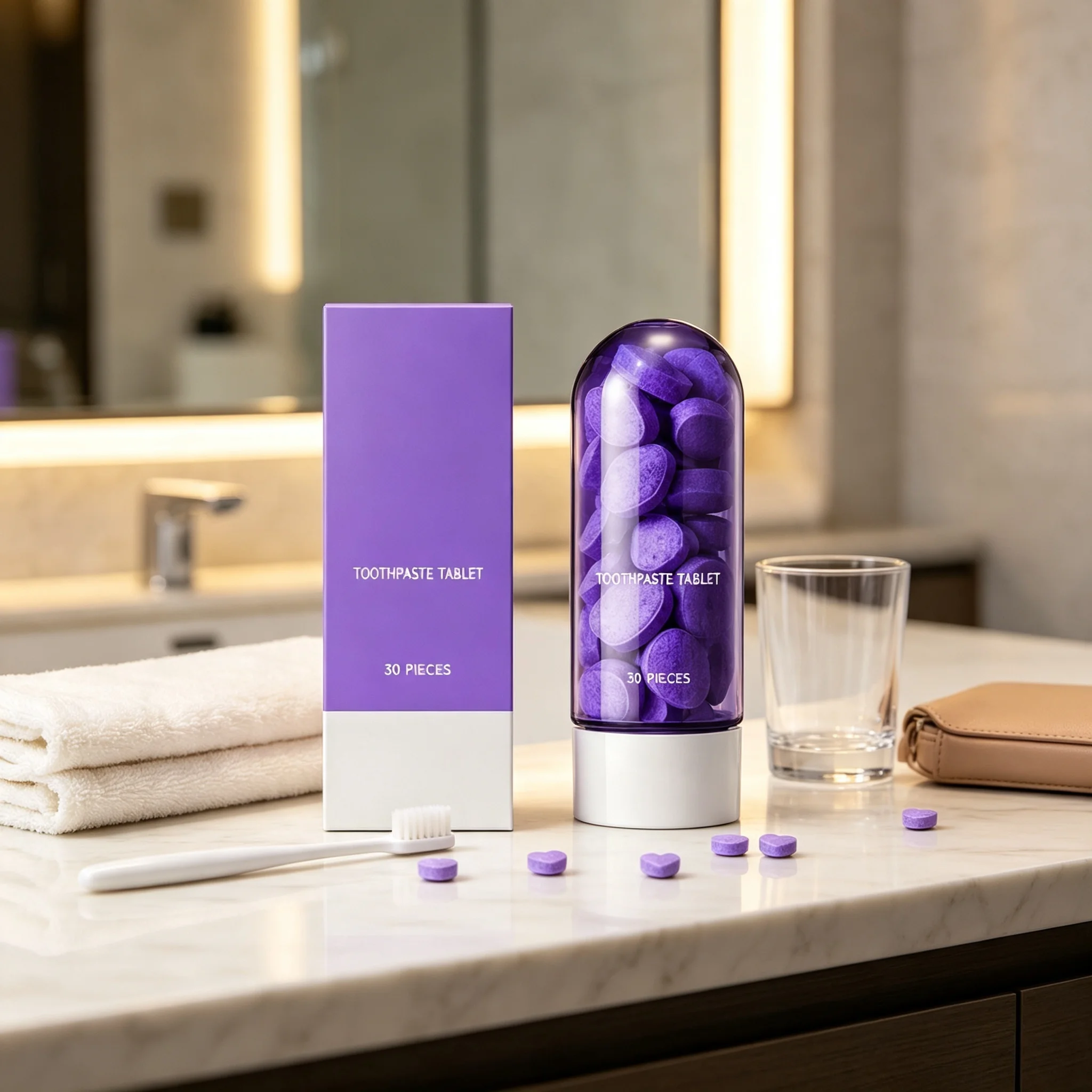 Purple Solid Toothpaste Tablets, Chewable Oral Care Tablets, Gentle Teeth Cleaning, Long Lasting Fresh Breath, Travel Portable