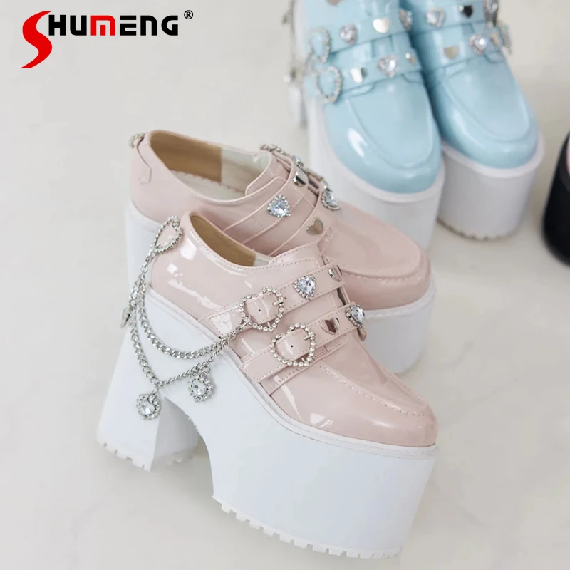 

Japanese Mines Style Mass-Produced Elegant Sweet Lolita Shoes Bright PU Heart Rhinestone Chain Loafers Women's High Heels Pumps