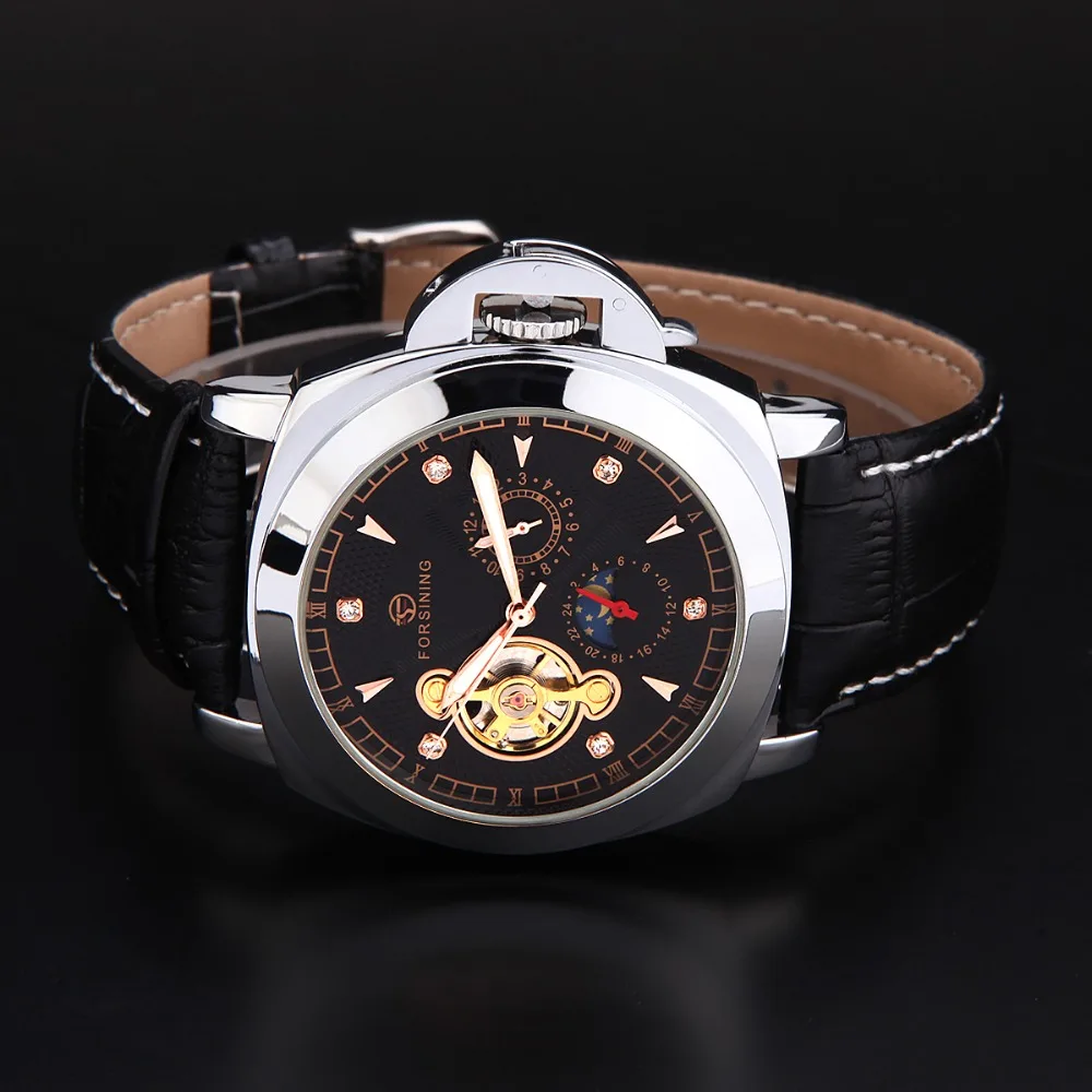 FORSINING Fashion Brand Men\'S Casual Watches Men Leather Band Hand Wind Skeleton Mechanical Wirst Watches Relogio Masculino