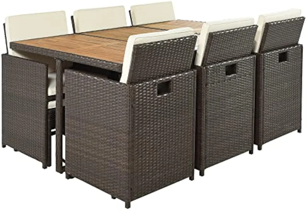 Patio Dining Table Set, 11 Piece Furniture Sets, Wicker Rattan Dining Table and Chairs Set, Patio Conversation Set with Cushion