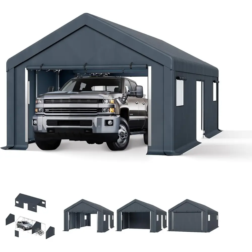 

Gray 13x24x9.6ft Waterproof Outdoor Storage Shed with Roll-Up Door and Ventilation for Carports or Motorcycles