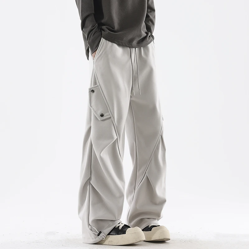 الذكور البضائع السراويل النمط الأمريكي مطوي واسعة الساق فضفاضة تناسب فائدة السراويل ربيع الخريف الشارع الشهير عادية مستقيم الساق بنطلون