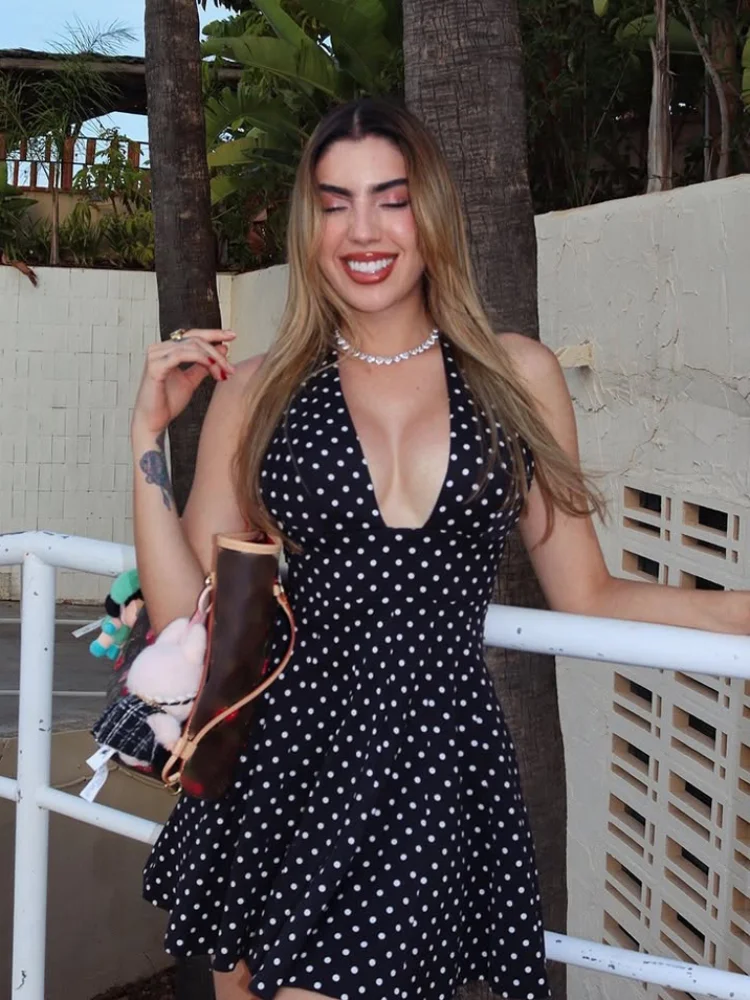 

Sexy Polka Dot Halter Mini Dress Women Fashion V-neck Sleeveless Backless High Waist Slim A-line Dress 2026 Lady Street Clothes