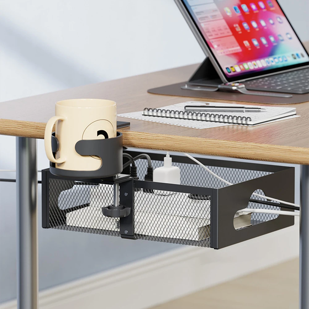 Under Desk Cable Management with Cup Holder Steel Cable Tray Under Desk Organizers No Drill 360° Hidden Storage Box for Office