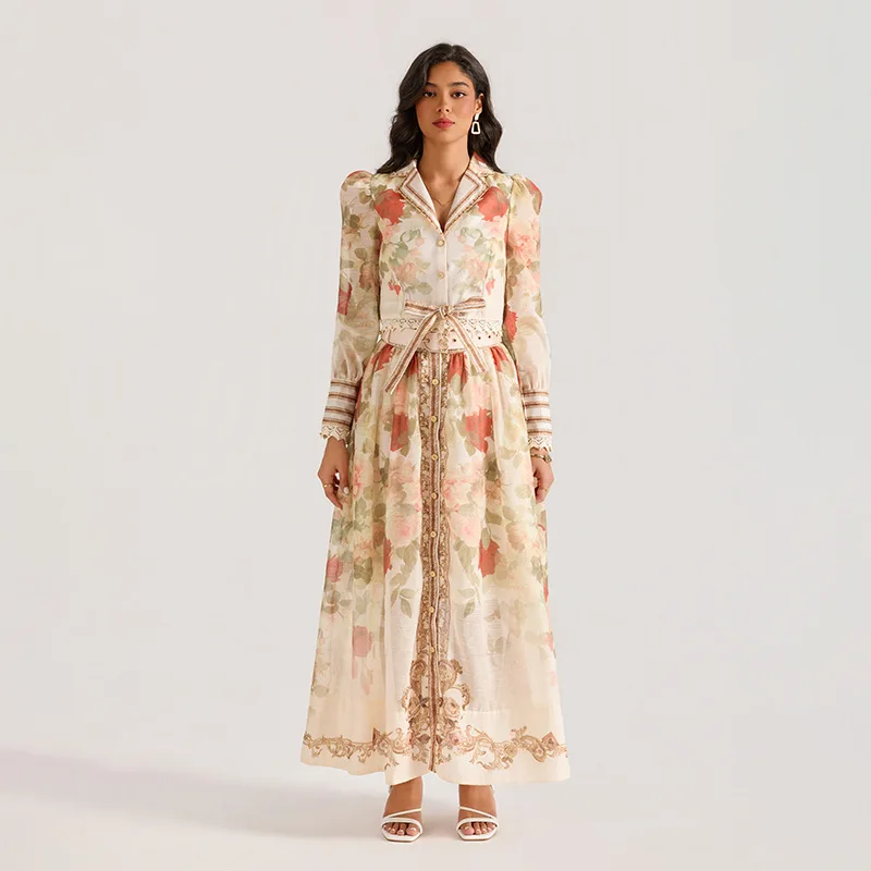 طقم تنورة مطبوعة من Court Sle Long Sve بخصر عالٍ من مادة مخملية مكونة من قطعتين فستان برينغ بطبعة زهور للنساء