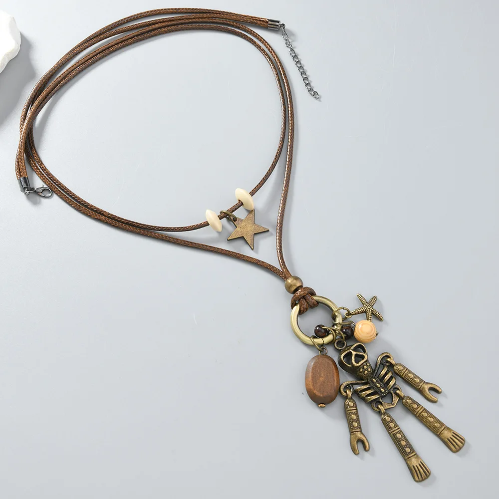 

Women Double Layer Rope Chain Choker Necklace with Skull Geometric Pendant Star Beads Charms Neck Jewelry for Male Gifts