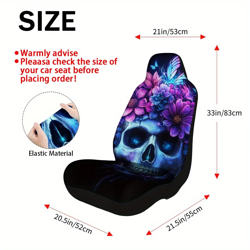 2pcs Halloween Skull With Flowers Print Car Seat Covers – Universal Fit For Cars, Trucks, Vans, SUVs | Durable Front Seat Protec