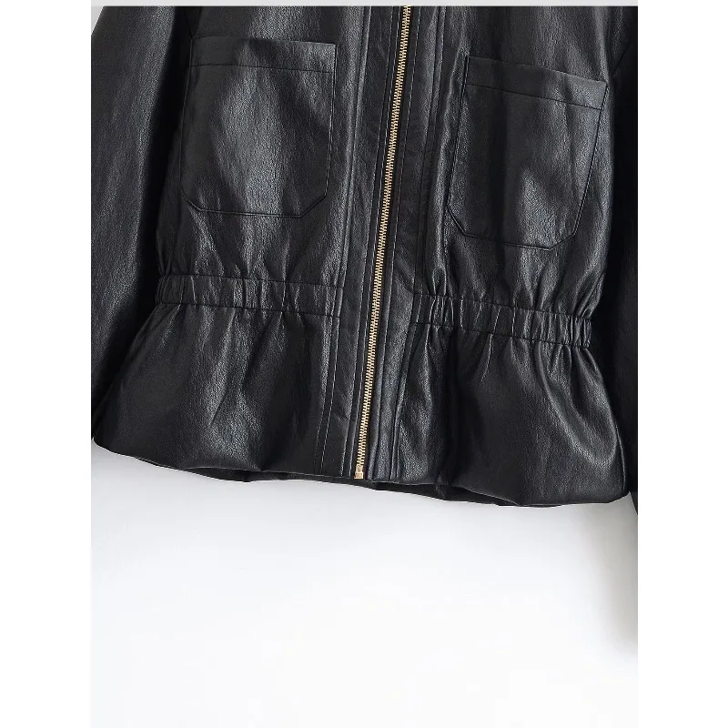 Guobioziy New Women's Classic Commuter Style Versatile High End Two Tone PU Leather Short Jacket Zipper Closure Polyester Fiber