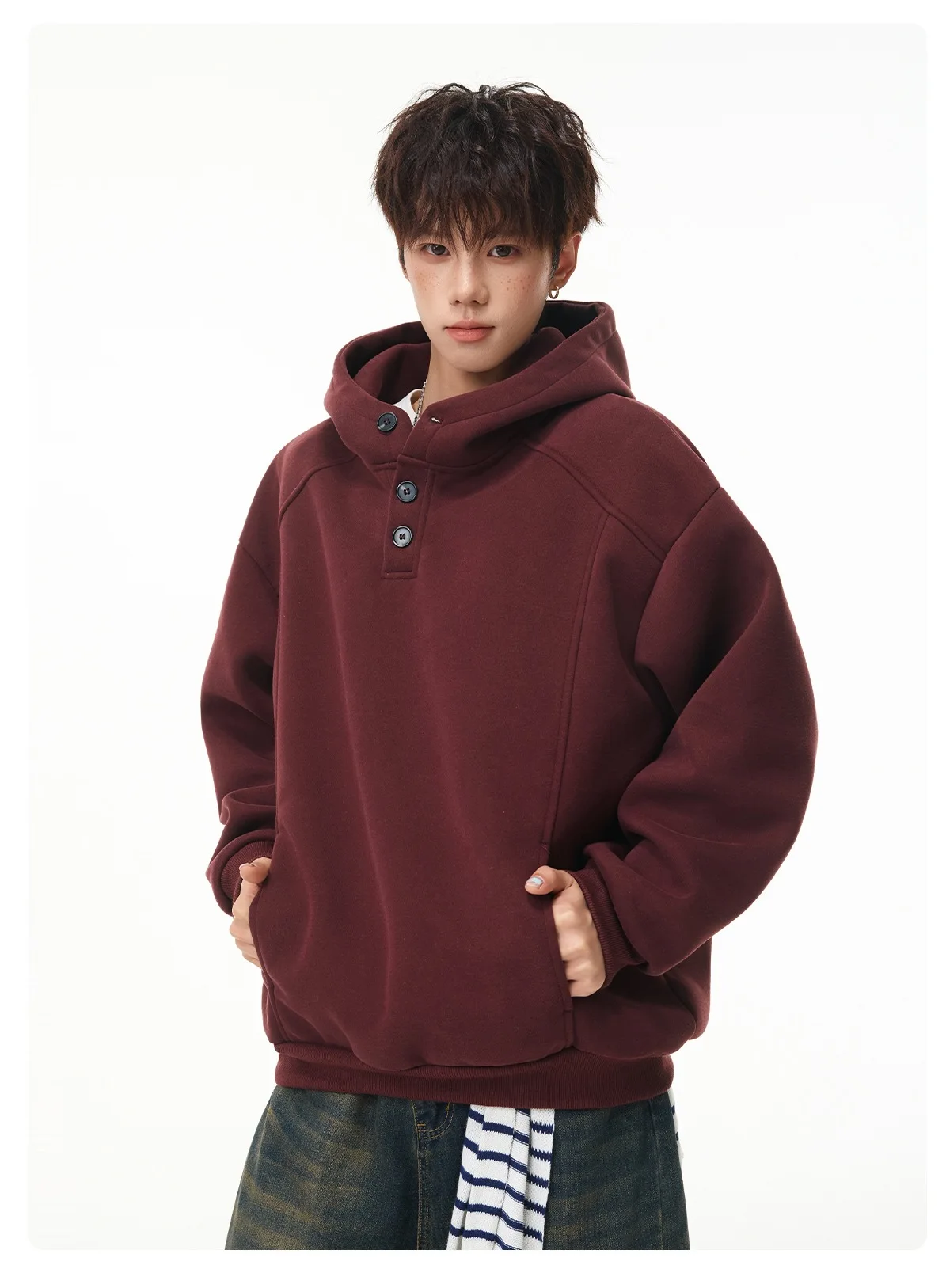Autumn Winter New Button Half High Neck Hoodie for Men Korean Fashion Harajuku Simple Solid Men's Casual Loose Hooded Sweatshirt