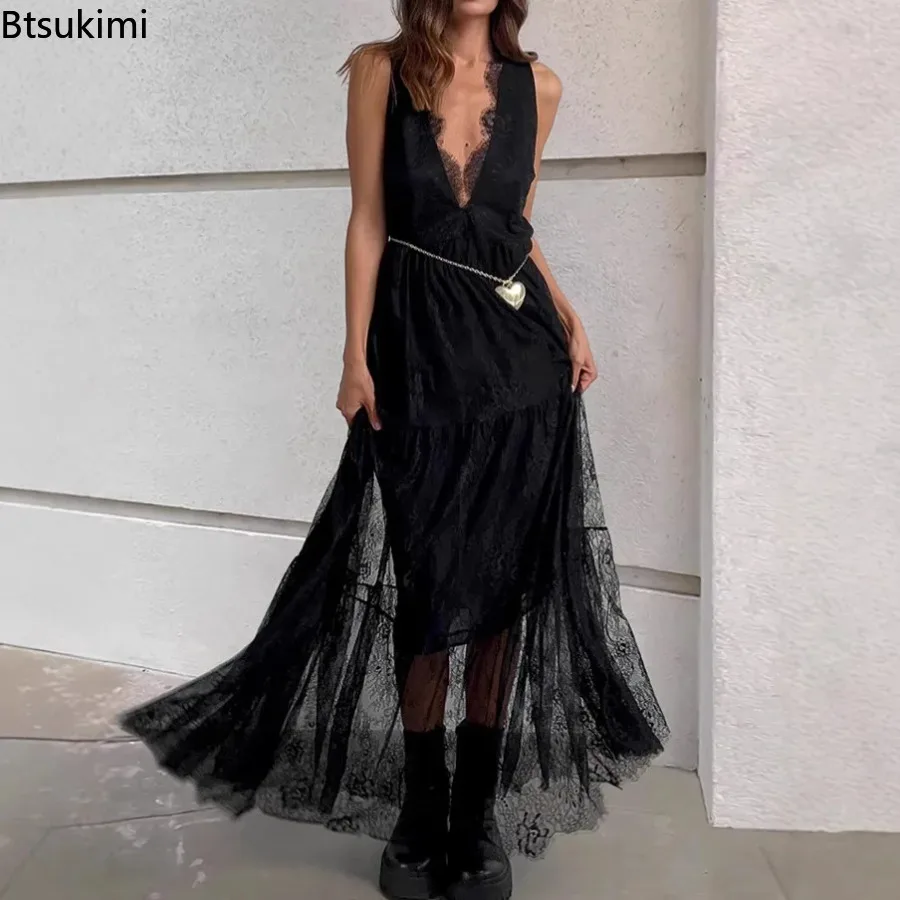 New Fashion Women's Black Lace Spliced Long Dress 2026 Summer Sexy Backless V Neck Slim Waist A Line Maxi Dress Women Streetwear
