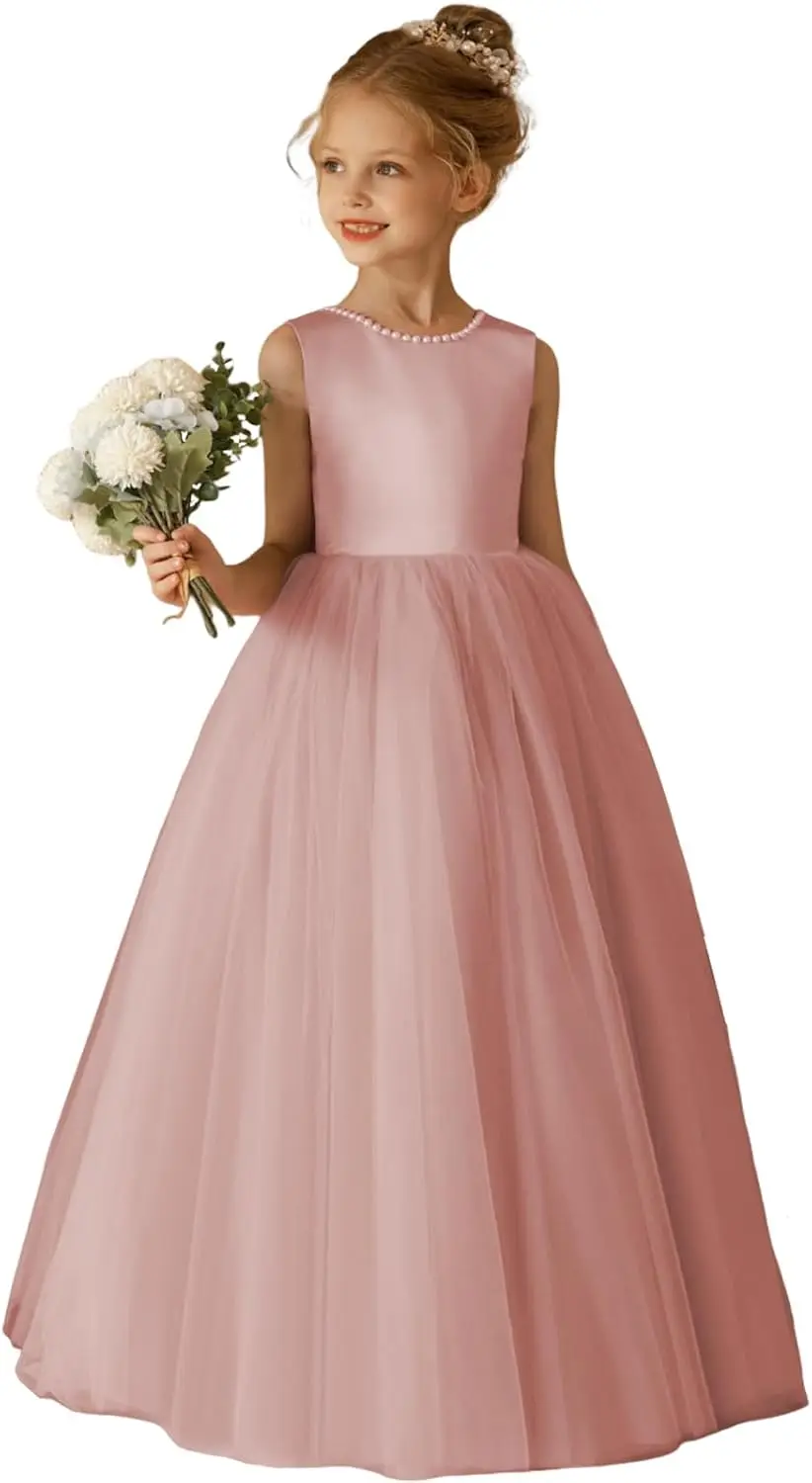 Elegant Round Neck Flower Girl Dress Sleeveless,Pearl Dress Suitable for Wedding Girls,Formal First Communion Dress with Bow Tie