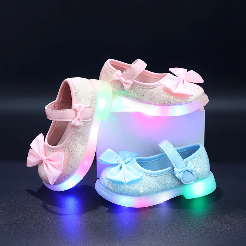 

2026 Spring Autumn Girls LED Light Up Princess Shoes - Bowknot Decor Lightweight Comfortable Casual Shoes for Kids