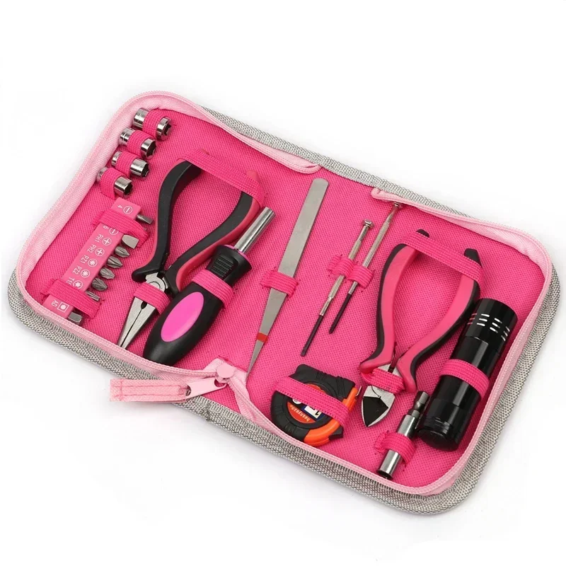 23Pcs Pink Screwdriver Pliers Tool Kit Multifunctional Plier Screw Tape Measure Hand Repairing Tool Women Household Repair Tool