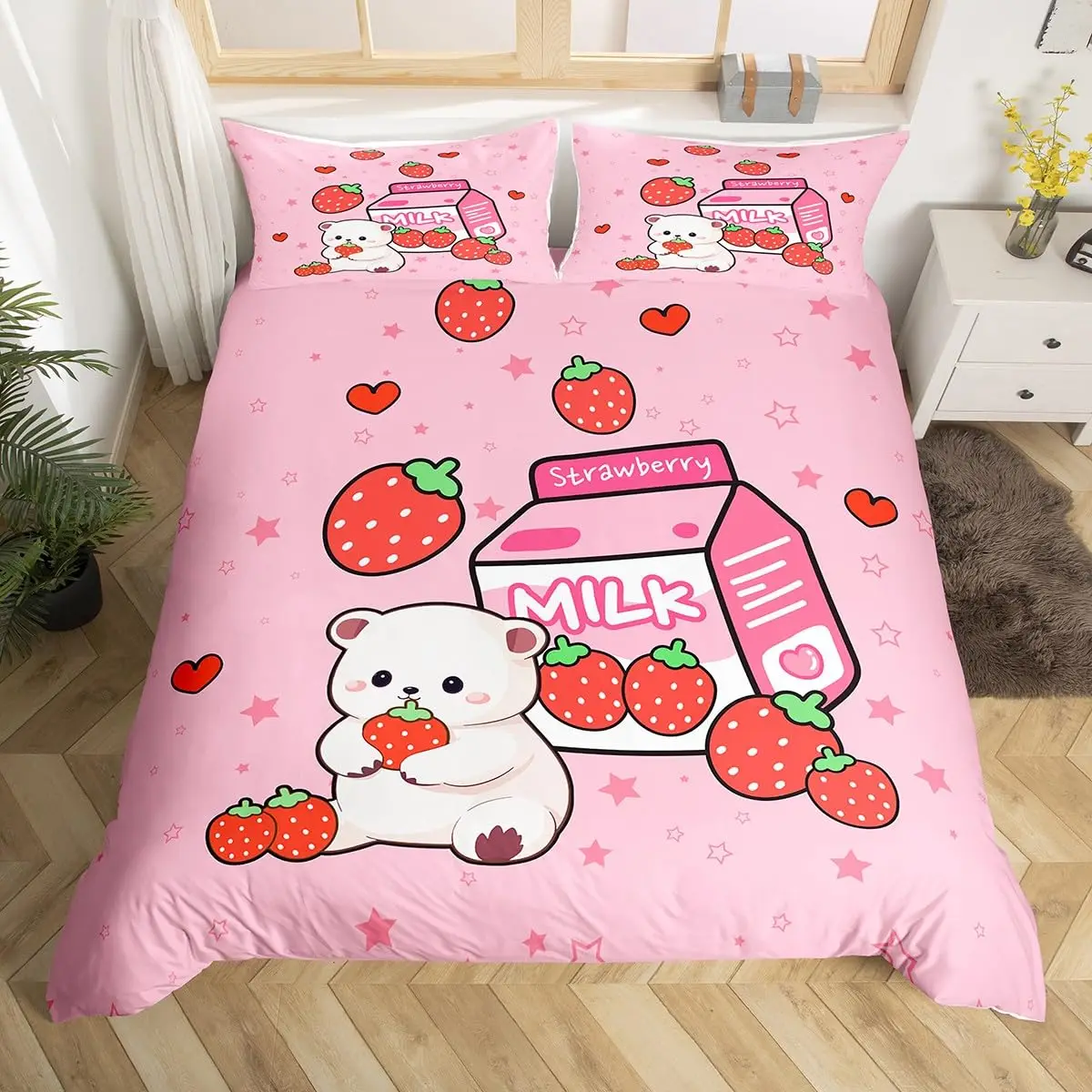 Sweet Strawberry Milk Duvet Cover King Queen Cute Bear Bedding Set Cartoon Fruits Animals Comforter Cover with 2 Pillowcases