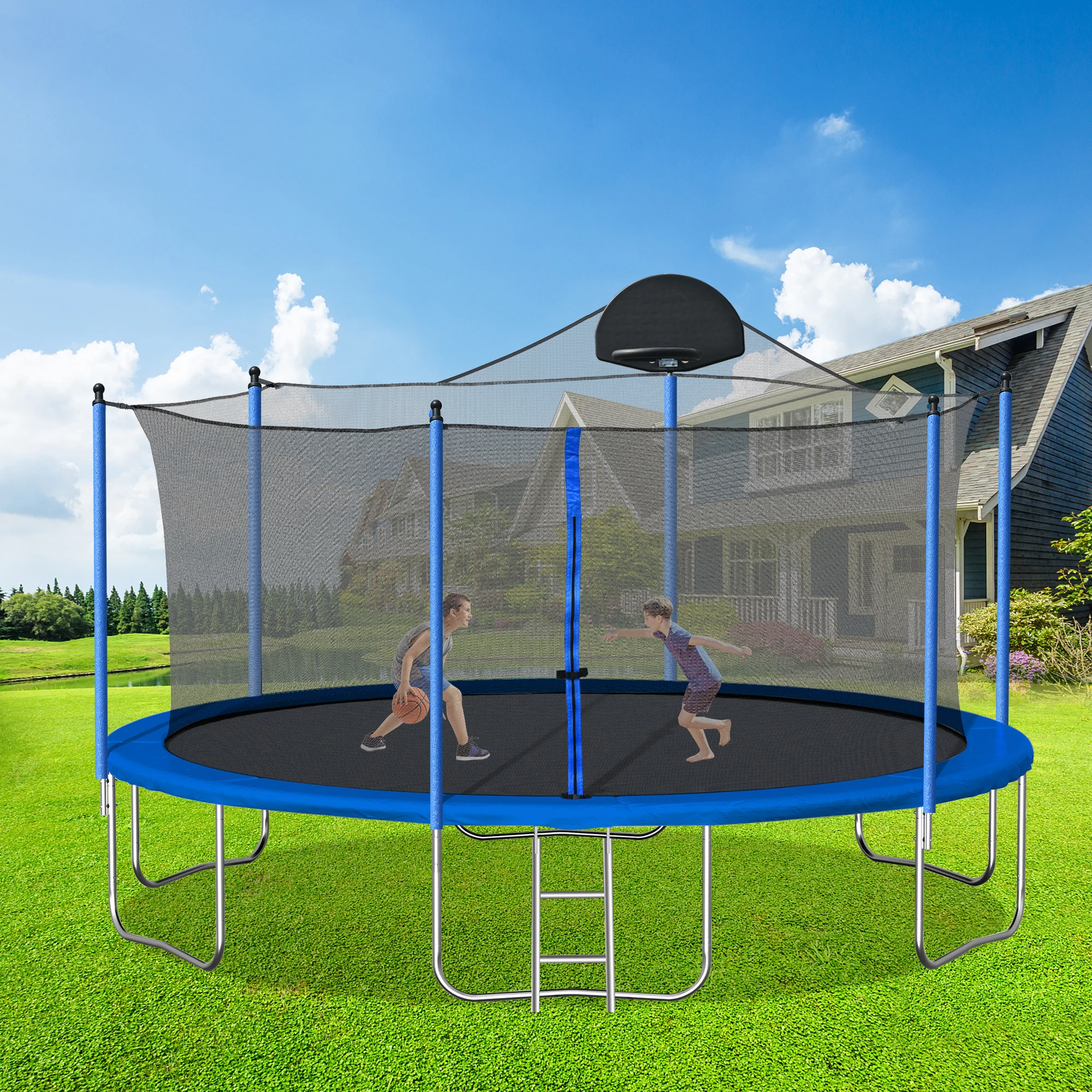 

New 14FT TRAMPOLINE WITH BOARD+METAL(BLUE) TRAMPOLINE for indoor outdoor