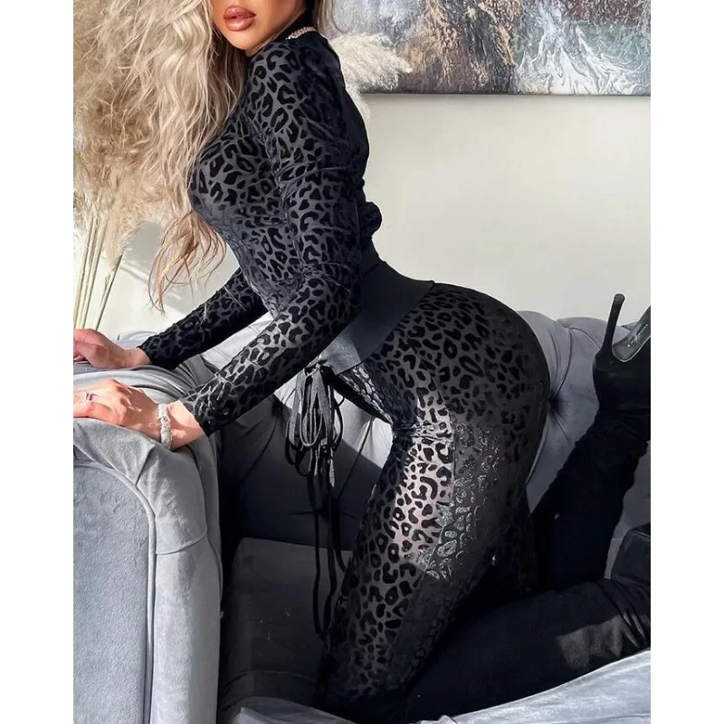 Flocking See-through Jumpsuit Rompers High Waist Trend Slim-Fit Bodycon Jumpsuits Women Long-Sleeved Sexy Skinny Sexy Jumpsuits