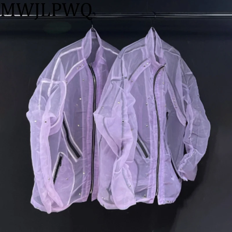 

MWJLPWQ Прозрачные модные фиолетовые мужские рубашки High Street с длинным рукавом на молнии и нишевым дизайном, мужские свободные повседневные топы Tide 010846