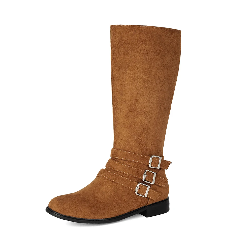 2026 Winter Fashion Women Mid Calf Boots Round Toe Low Chunky Heel Lady Casual Shoes Large Plus Size 12 44 47 Side Zipper