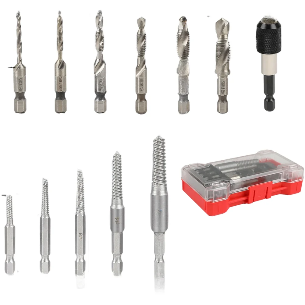 12PC Hex Shank Tap Extractor Set Carbon Steel For Broken Screw Removal 4mm-M10 Metric Power Tool Accessories