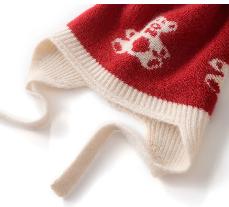 Kinder-Strickmütze aus 100% Kaschmir für Herbst und Winter, warme Wollmütze mit Bommel, Ohrenschutz und niedlichem Jacquard-Bärendesign. – Detail 17