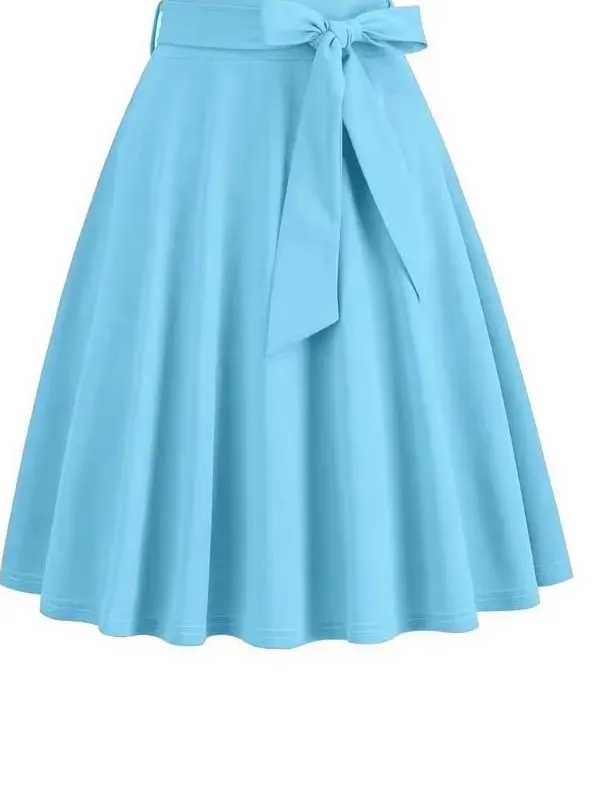 

High Waist A-Line Skirt Folded Waist Swing f-length Polyester Fabric Spring Season Regular Thin ort Pure Color