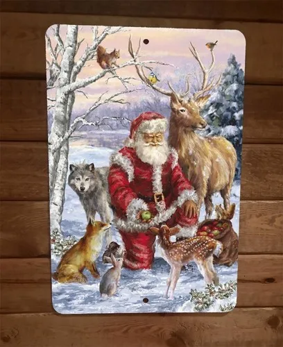 Merry Xmas Christmas Santa with Animals  Metal Wall Sign Poster