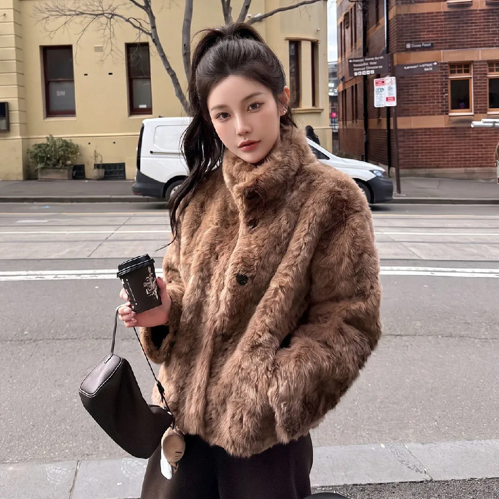 Women Winter Stand Collar Brown Faux Fur Coat Double-faced Fur Long Sleeve Single-breasted Buttons Straight Jackets Outerwear