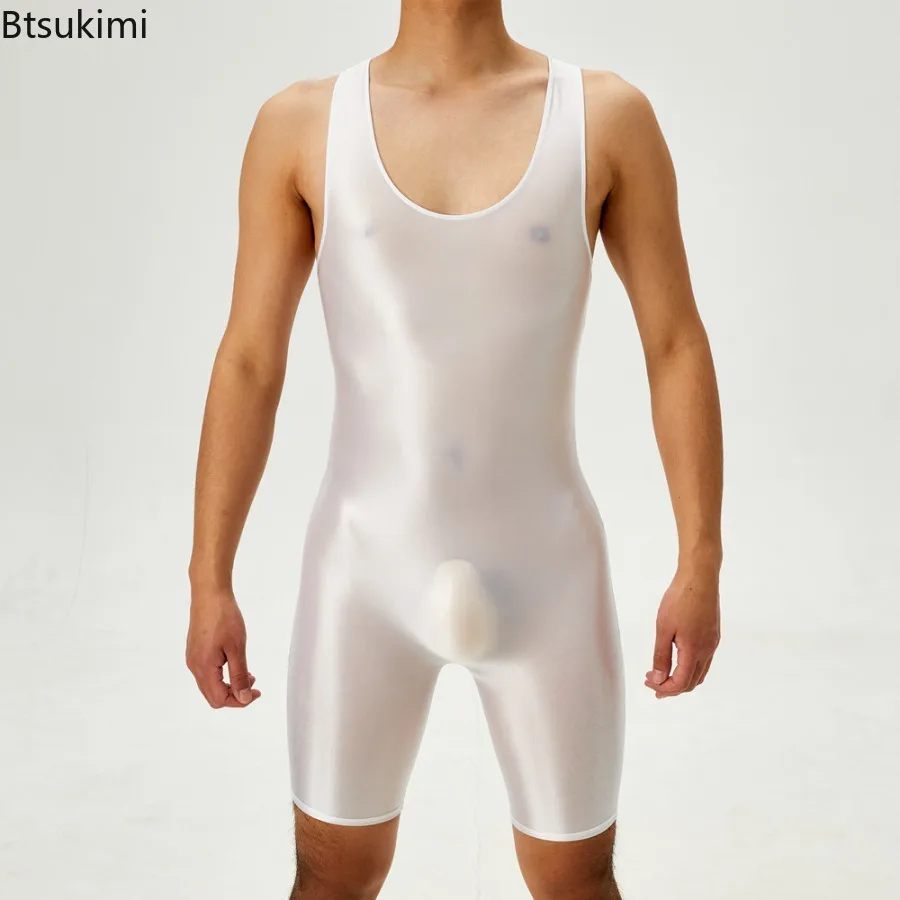 

New Men's Fashion Bodysuits Sexy Oil Shiny Sleeveless Onesies High Elastic Tight Underwear Men Transparent Bodybuilding Playsuit