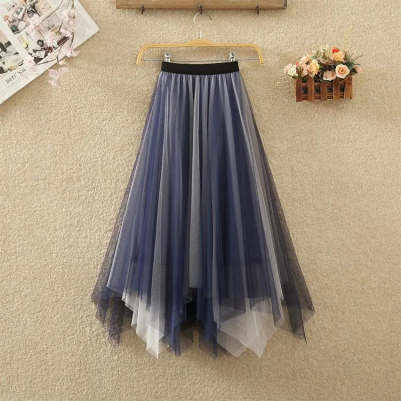 OHRYIYIE Spring Summer Irregular Gradient Color Tulle Skirt Women 2022 New Fashion Patchwork A-line Skirt Lady Jupe Longue Femme