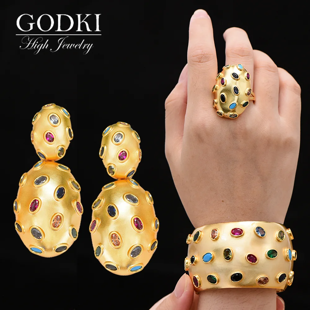 GODKI New Charms 3PC Bracelet Ring Earring Set For Women Wedding Bridal Cubic Zircon Dubai PARTY WEDDING Jewelry BOHO 2020