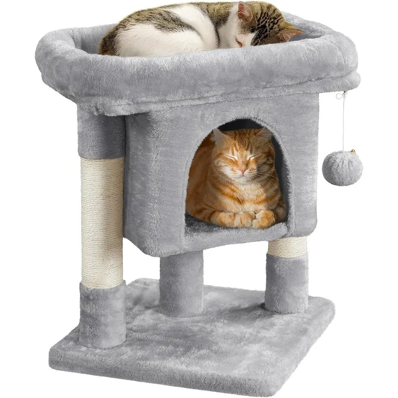 23.5 Inch Cat Tree Tower, Cat House with Sisal Covered Scratching Post, Furniture for Cats and Pets - Light Gray