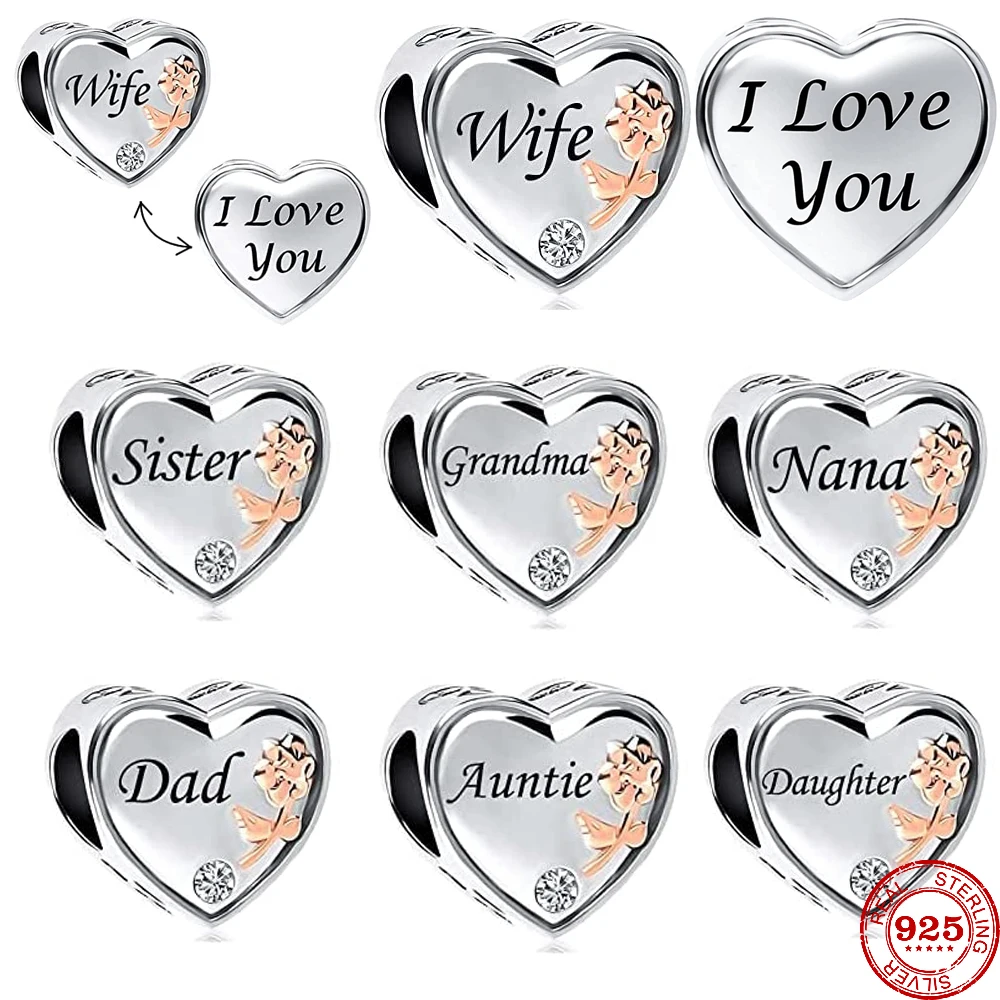 Authentic Silver 925 Jewelry Gift I Love You Sister Nana Dad Auntie Wife Pendant Dangle Charm Bead Fit Original Pandora Bracelet