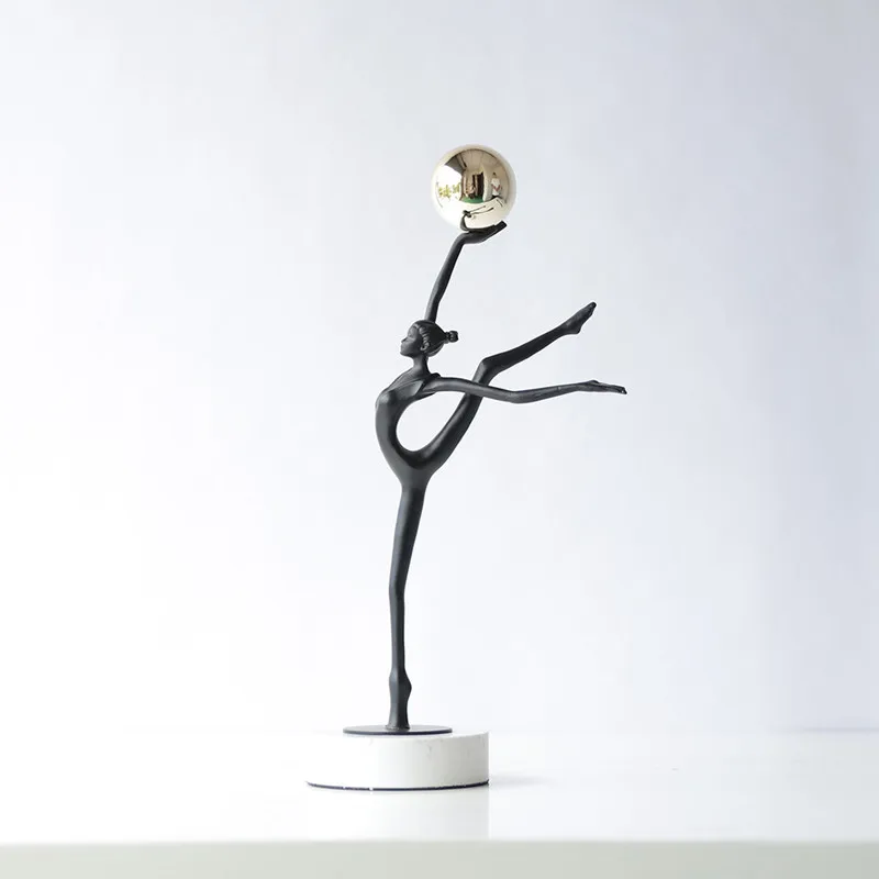 Black Cast Iron Man Holding Golden Ball, Abstract Art Dancing Girl Figure Sculpture, Metal Crafts, Interior Decoration Ornaments