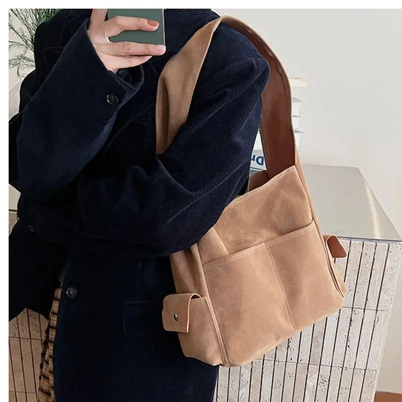 

Women's Single Shoulder Tote Bag 2025 Autumn Solid Color Suede Fashion Trend Simple Large Capacity Multi Pocket Crossbody Bag
