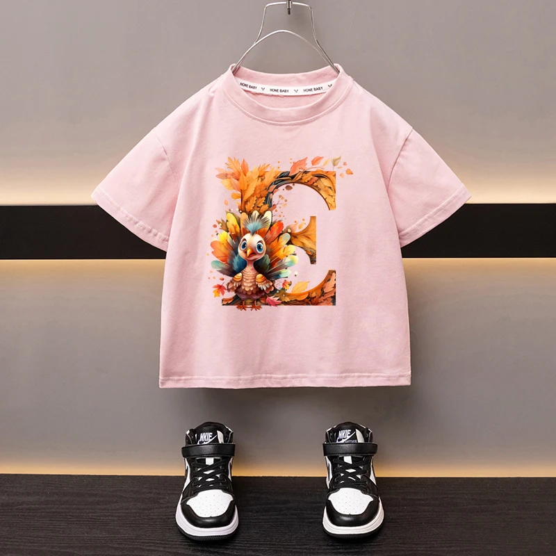 Maple Leaves Letter E Children T-shirt Kawaii Clothes for Girls T Shirt Anime Cartoons Casual Kid Boy Short Sleeve Tops New 2024