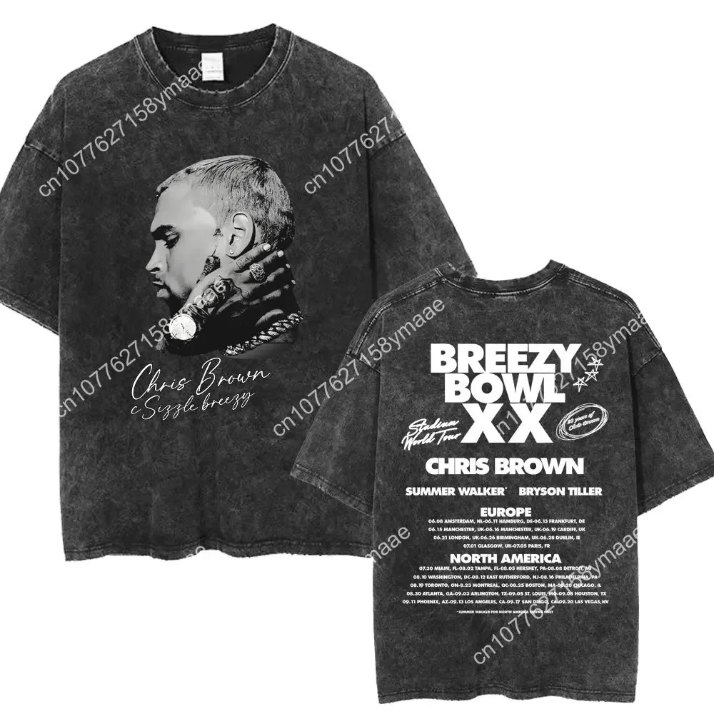 Chris Brown Breezy Bowl XX Concert Tour Washed T Shirts Vintage Hip Hop Gothic Women Men Oversized Cotton T-shirt for Fans Gift