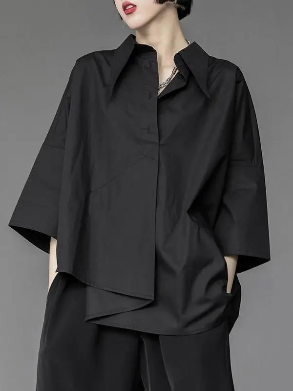 

Loose Long Sve Asymmetric Casual irt Women's Summer Tailored Top Button Splice Regular Thin Pure Color Daily Wear